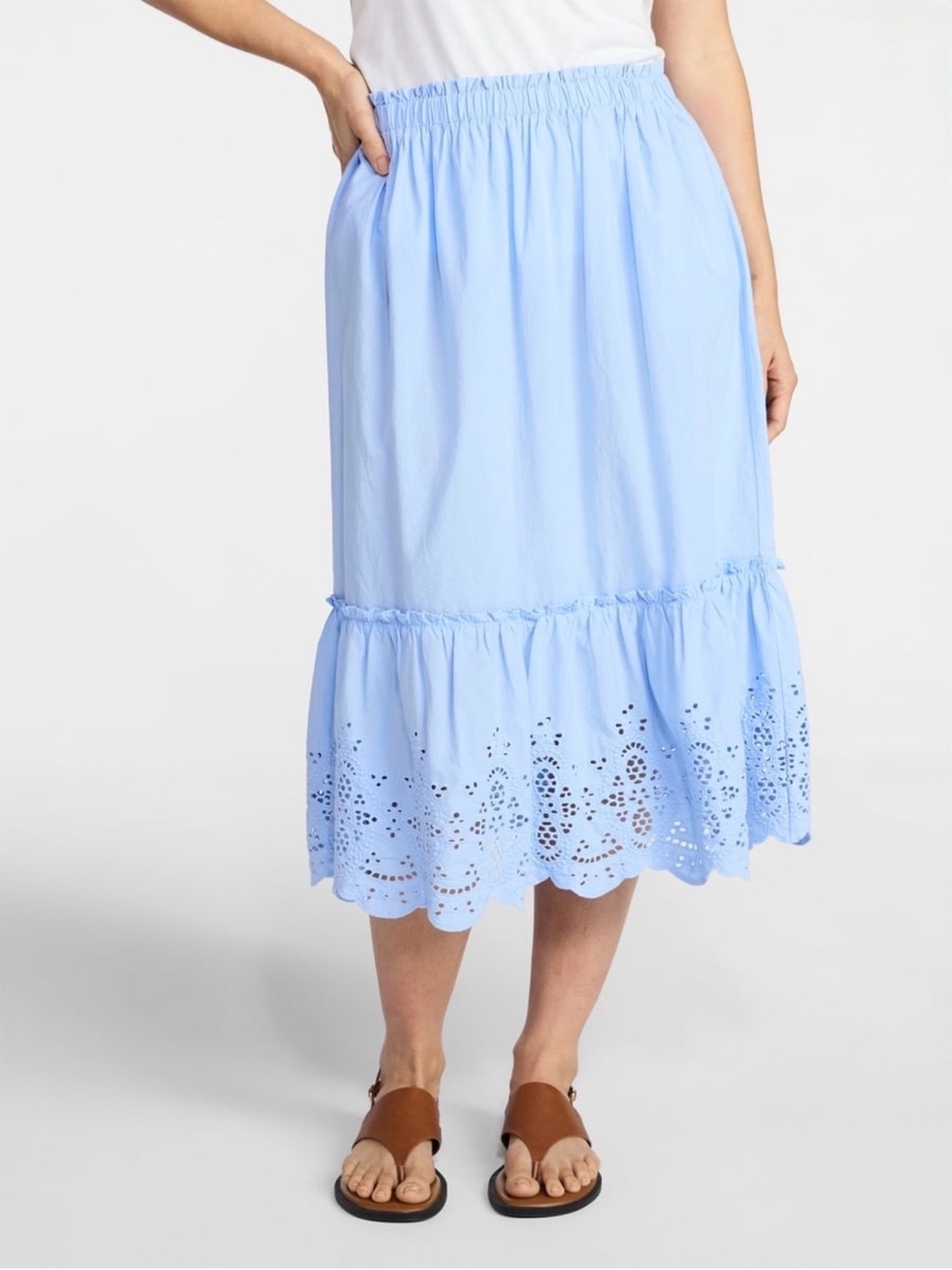 Time and Tru Cotton Eyelet A-Line Midi Skirt XL Light Blue Elastic Waist Pockets - Picture 14 of 16